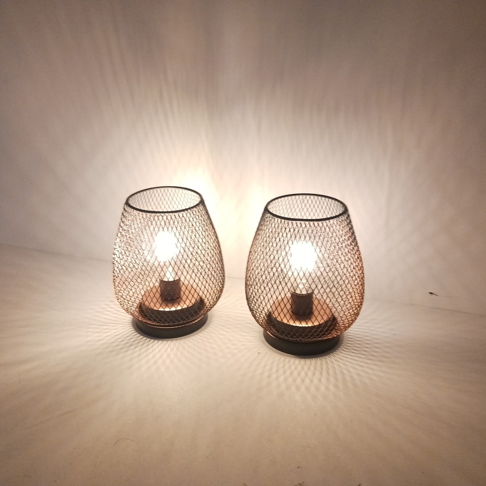 Set of 2 Industrial Wire Mesh Table Lamps Cordless Battery Operated Black Copper